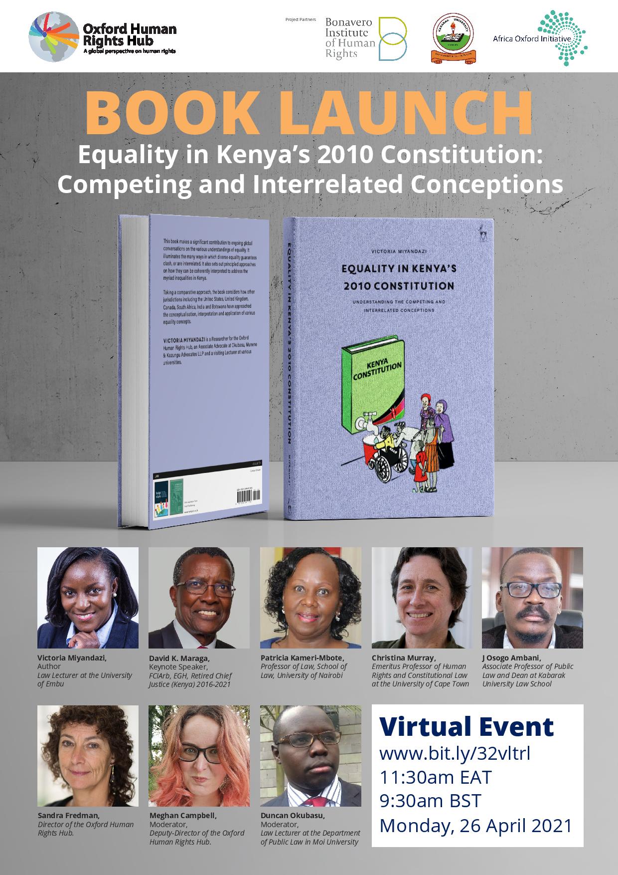 Promotion poster: Book Launch: Equality in Kenya’s 2010 Constitution-Understanding Competing and Interrelated Concepts