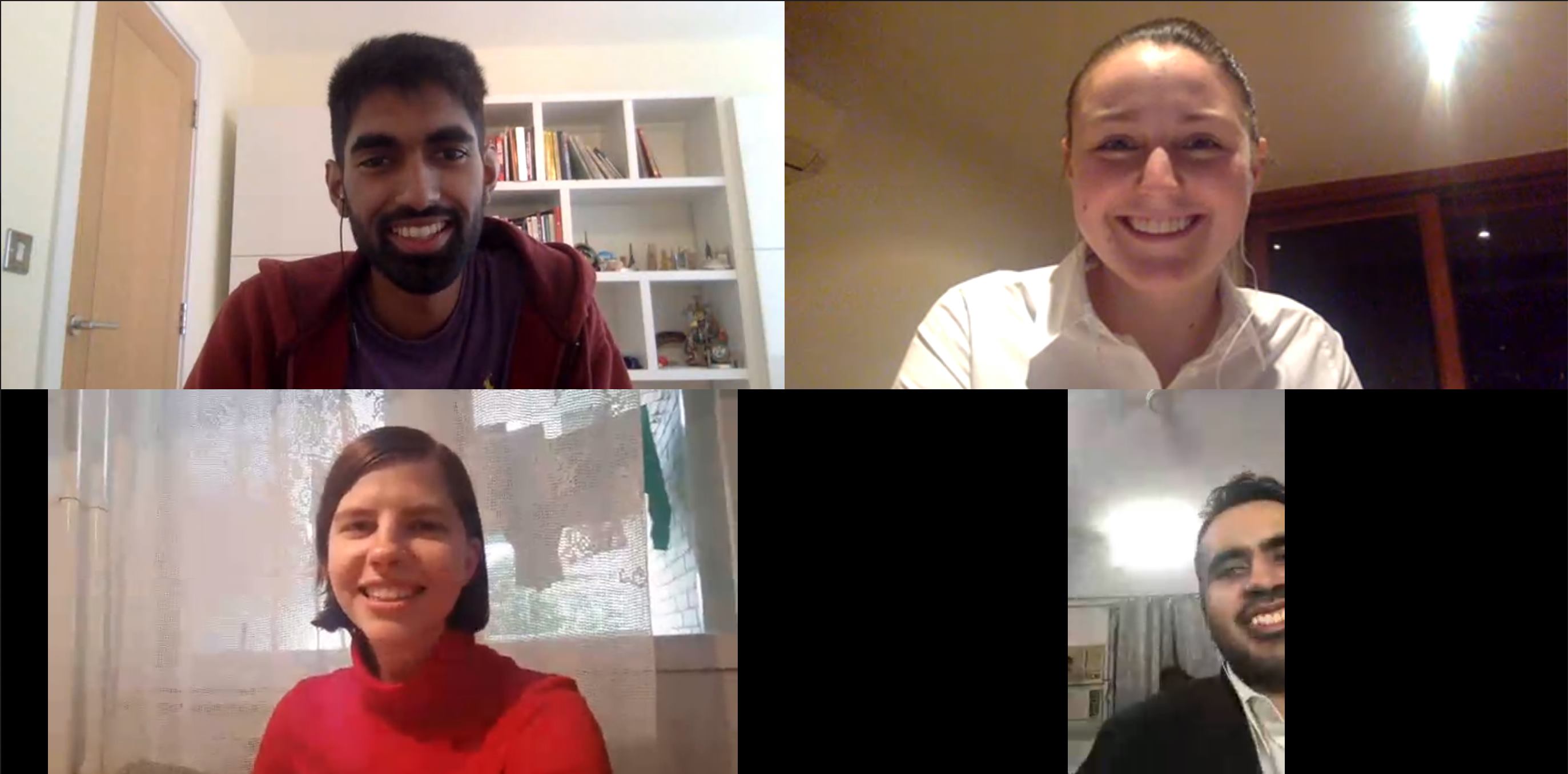 A screenshot of a Teams call with Ameer Ismail at the top left corner, Claire Gerrand at the top right corner, Petra Stojnic at the bottom left corner and Rahul Bajaj at the bottom right corner of the screen. They are all smiling.