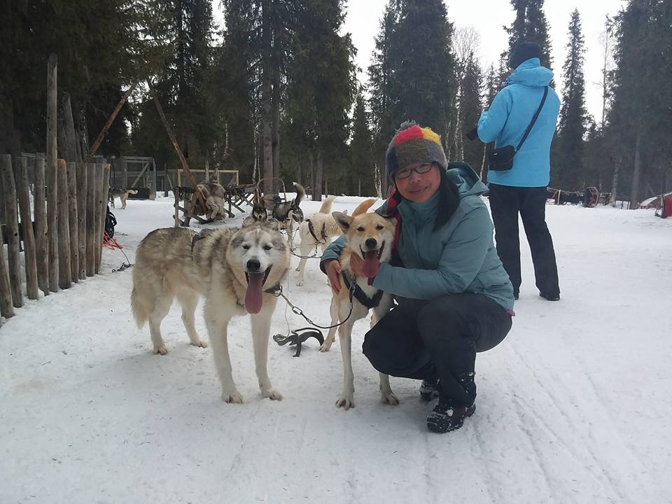 woman with two dogs in the snow