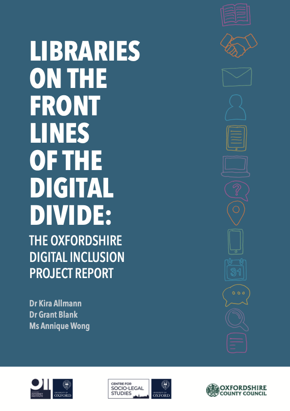 Cover of the Oxfordshire Digital Inclusion Project Report (2021), dark aquamarine color with hand drawn icons depicting different digital tasks like email, and the title: Libraries on the Front Lines of the Digital Divide