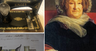 Images of a Singer sewing machine, an illustration of an ether bottle and a painting of a seated woman wearing black with a book in her lap