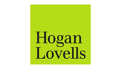 Hogan Lovells logo, a light green square with Hogan Lovells written in black inside it.