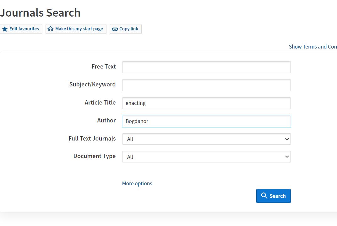 A picture showing the journal search screen using the authors surname and one word from the title