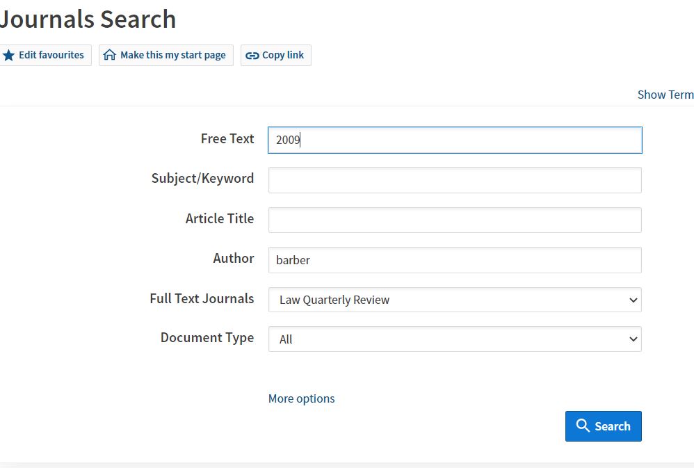 Picture of the journal search on Westlaw using the authors surname and journal