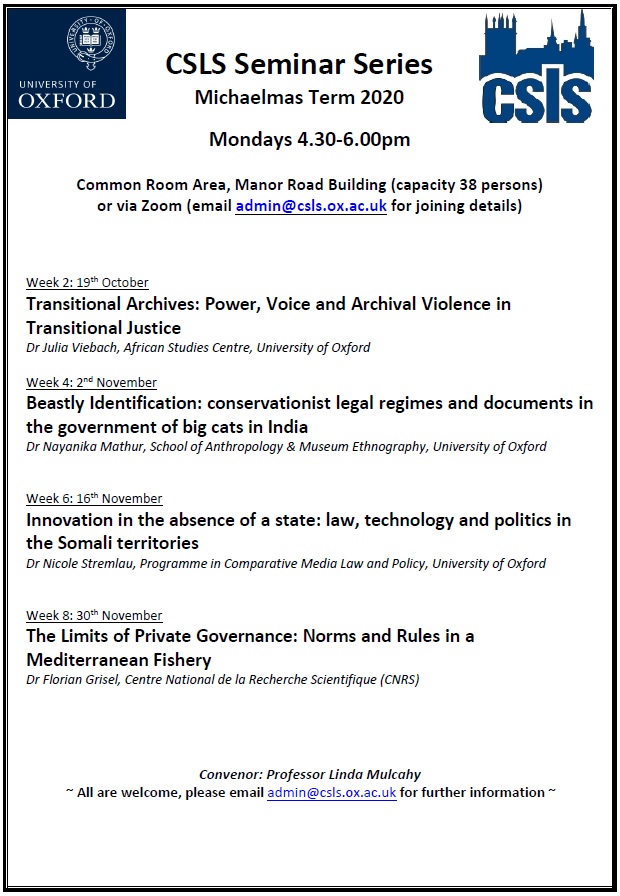 Socio-Legal Seminar Series term card MT2020