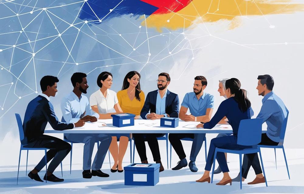 Modern and clean digital art showing people discussing or working together. Include symbols of voting like ballots or ballot boxes. Add digital network or web patterns to show technology and information. Use colors inspired by the Romanian flag (blue, yellow, red) subtly in the background. Keep it simple, professional, and minimal with mostly blue and white colors.