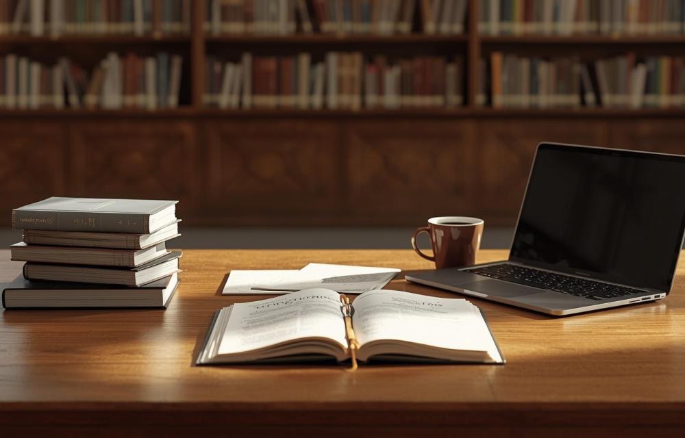 A clean wooden desk in a bright Oxford library, with a neat stack of academic books, an open journal, and a few loose printed papers beside a laptop and coffee cup, bathed in soft natural light, professional and minimalist scholarly style.