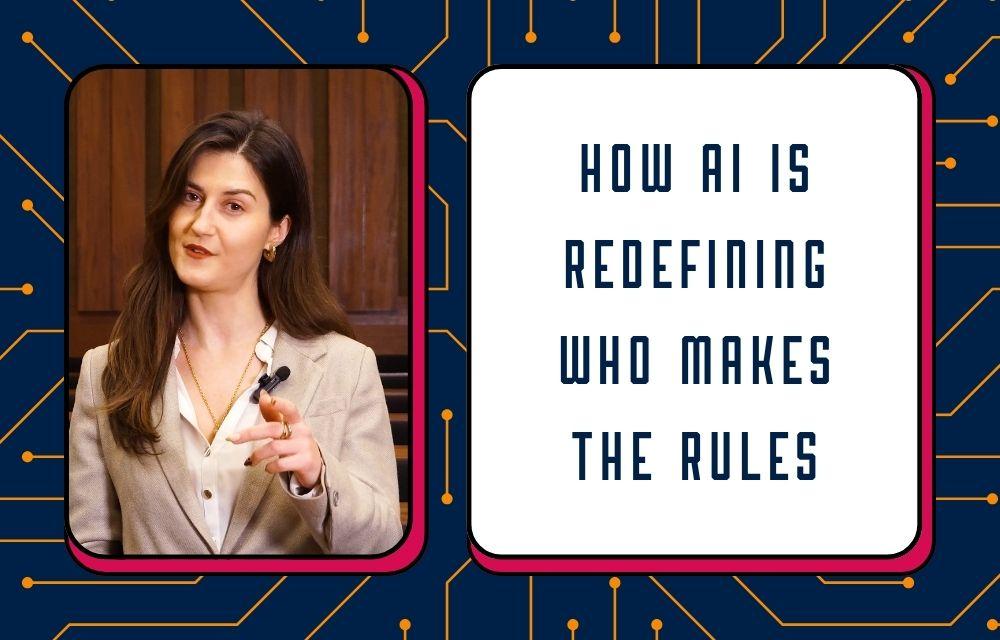A picture of Dr Margarita Amaxopoulou presenting next to the words 'How AI is redefining who makes the rules' on an AI inspired background