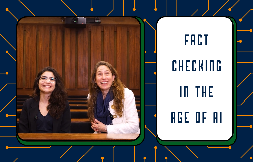 Image shows Professor Nicole Stremlau sitting next to Juliana da Cunha Mota. To the right are the words 'Fact checking in the age of AI'. All of this sits on an AI circuitry background