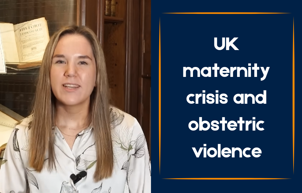 Picture shows Frances Hands next to the words "UK maternity crisis and obstetric violence".