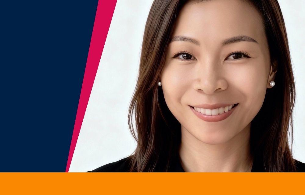 Headshot of Karen Wong looking at the camera, with Alumni Today branding