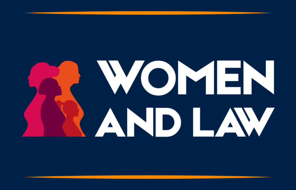 Graphic shows the words 'Women and Law' next to colourful silhouettes of women.