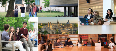 This collage image is split into 5 parts. 1) Four students chatting next to a tree near the St Cross building. 2) Four students chatting on a bench on top of the St Cross building 3) Skyline of Oxford city centre dominated by University buildings. 4) Students with laptops listening to a speaker in the Cube facility at the Faculty of Law. 5) Eight students sitting round a table in the library having a discussion.