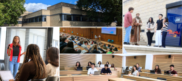 This collage picture features five pictures divided by white line. The first shows the St Cross Building. The second show students standing on the stairs chatting outside the St Cross Building. The third shows a student presenting to her peers in a classroom. The fourth shows students receiving a lecture in the Gulbenkian Lecture Theatre and the fifth shows students engaging in the Cube teaching space at the Faculty of Law