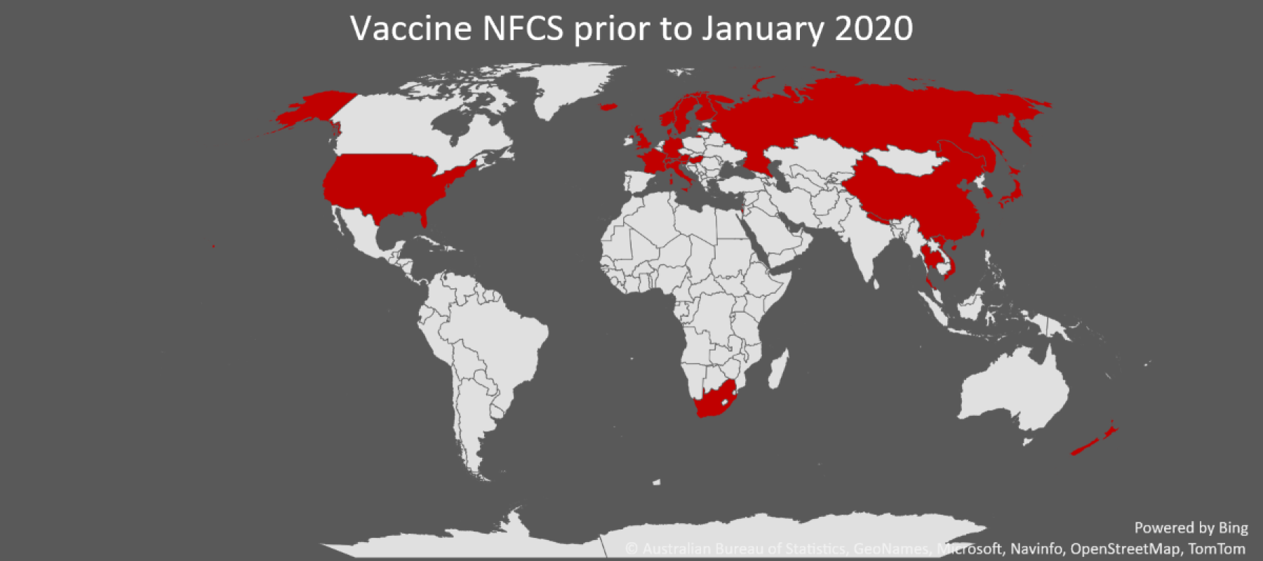 World map showing countries with a Vaccine no-fault compensation scheme operating prior to January 2020