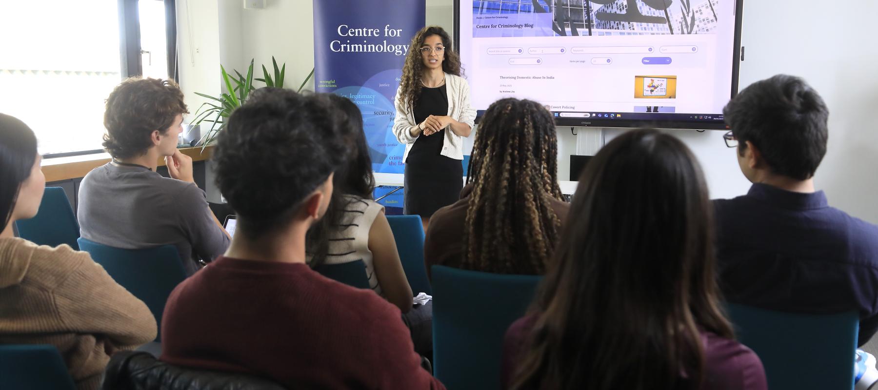 student lecture in criminology seminar room