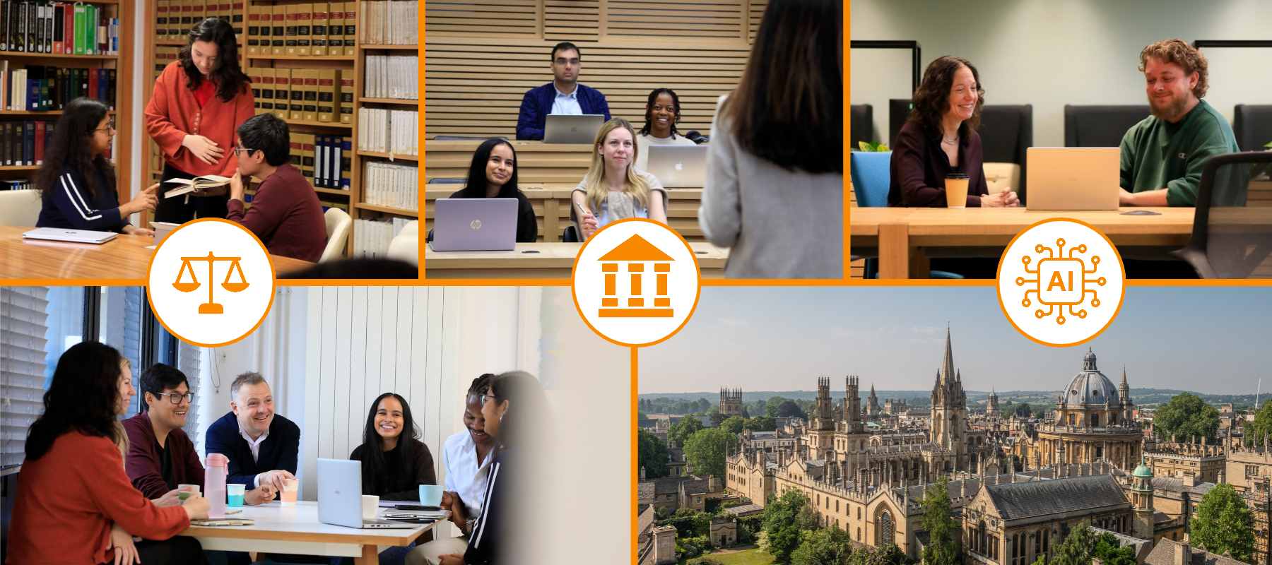 Collage image shows 1. Students looking at a book in the library 2. Students receiving a tutorial in the Cube 3. A professor and a student working together on a laptop 4. A professor and a group of students chatting in a cafe 5. A skyline image featuring iconic University of Oxford buildings