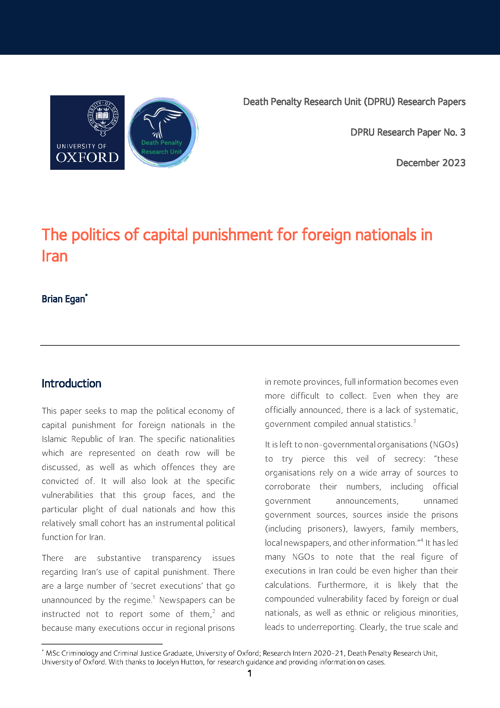 Image of first page of Brian Egan DPRU research paper