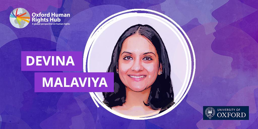 Image of Devina Malviya on a purple textured background. Logos of Oxford Human Rights Hub Podcast and the Law Faculty, Oxford are seen in the corners
