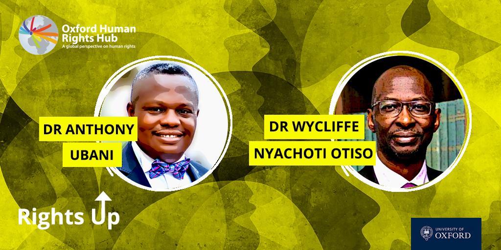 Image of Oxford Human Rights Hub logo against a yellow background. The photos of the podcast speakers are presented next to each other