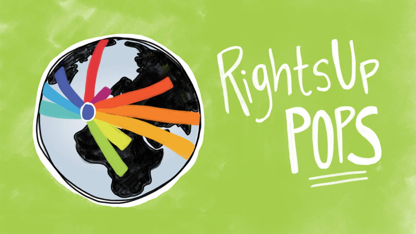 Image of Oxford Human Rights Hub logo against a green background. The words RightsUp POPS are written on the bottom left.
