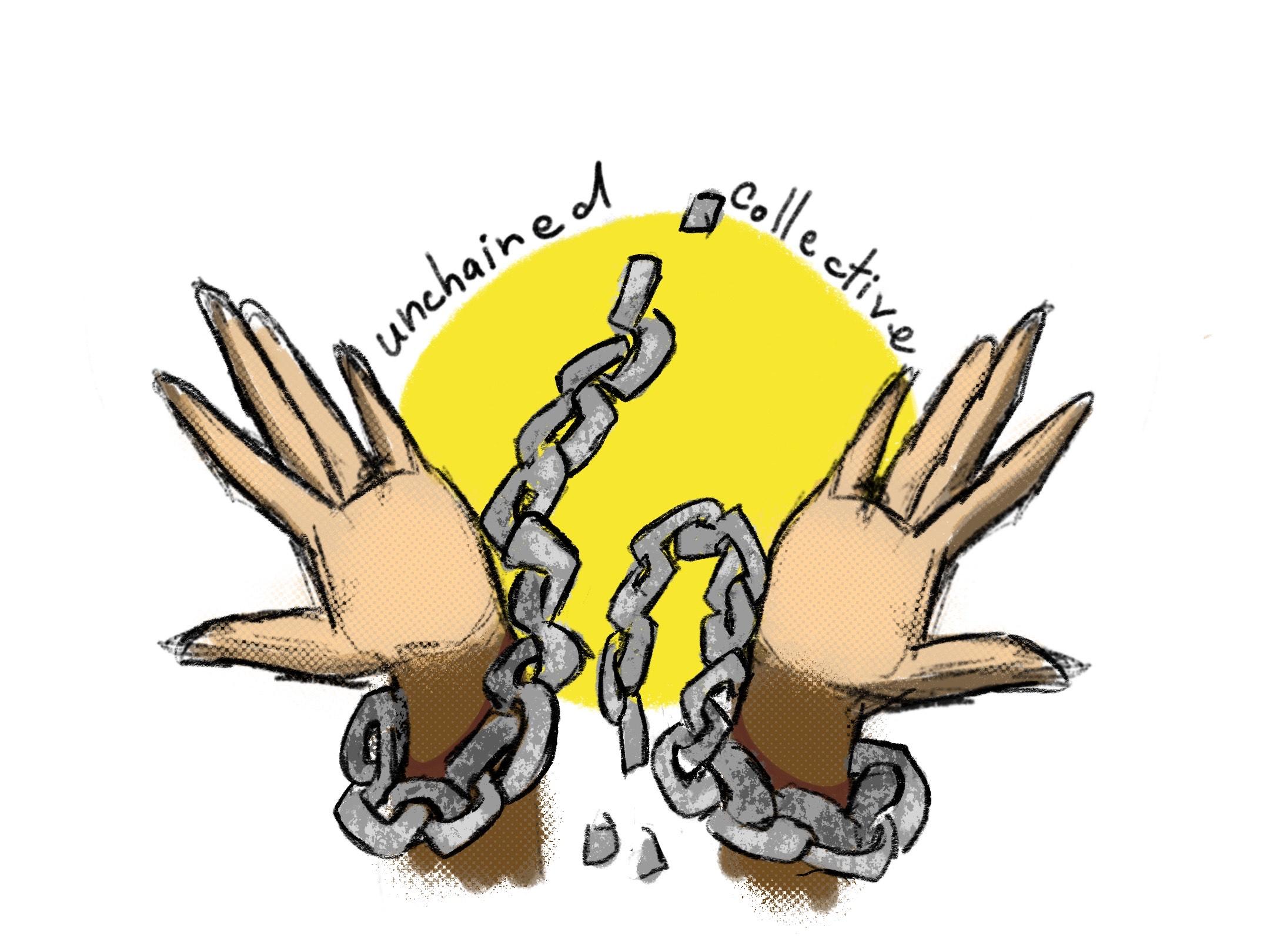 illustration of two hands breaking away from chains on a white and yellow background