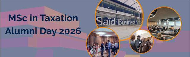 Images of the Said Business school, a lecture theatre full of people, three black men smiling and shaking hands, people standing in a room drinking coffee.