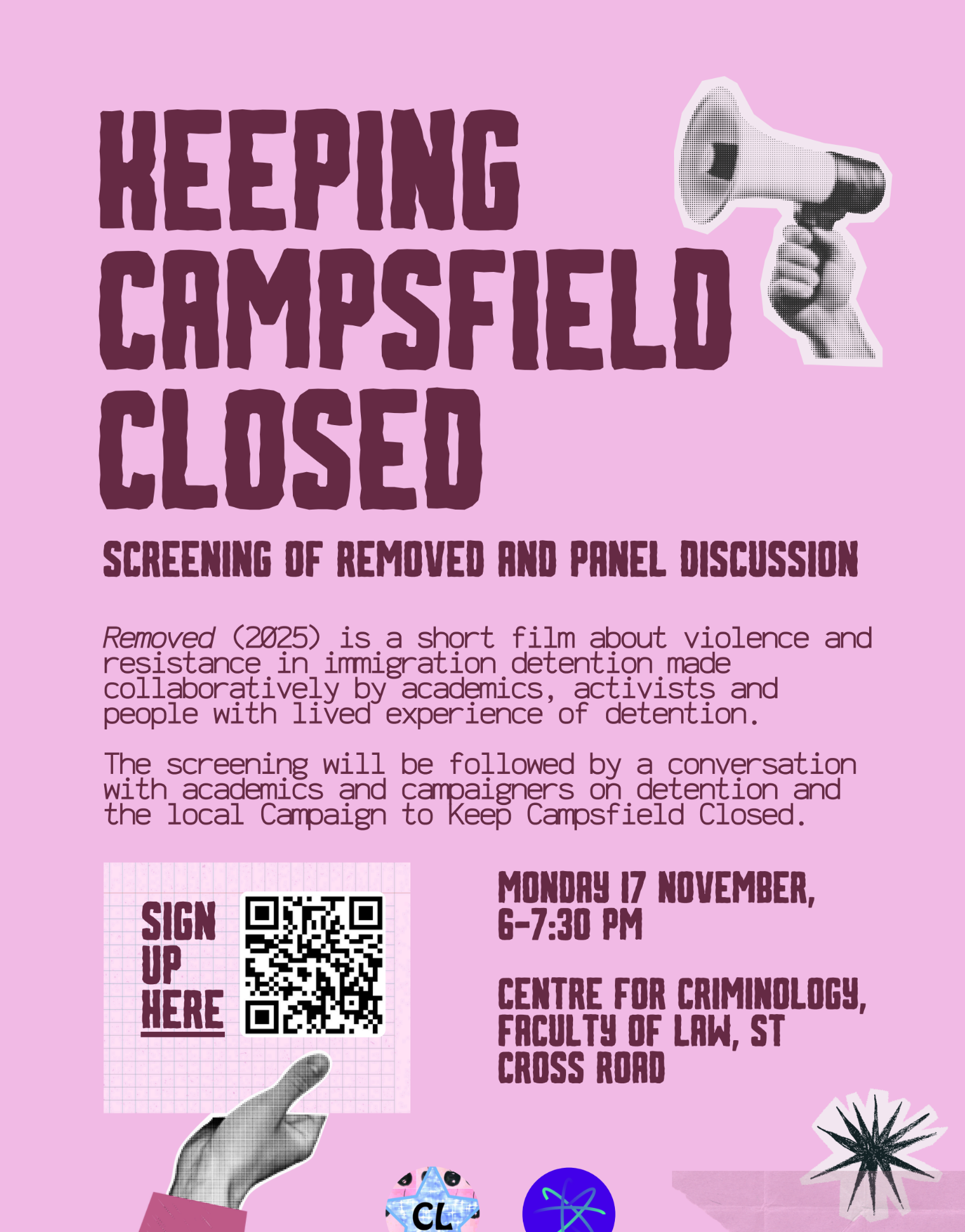 picture of the poster with the information in the text over a pink background, and a picture of a hand holding a megaphone