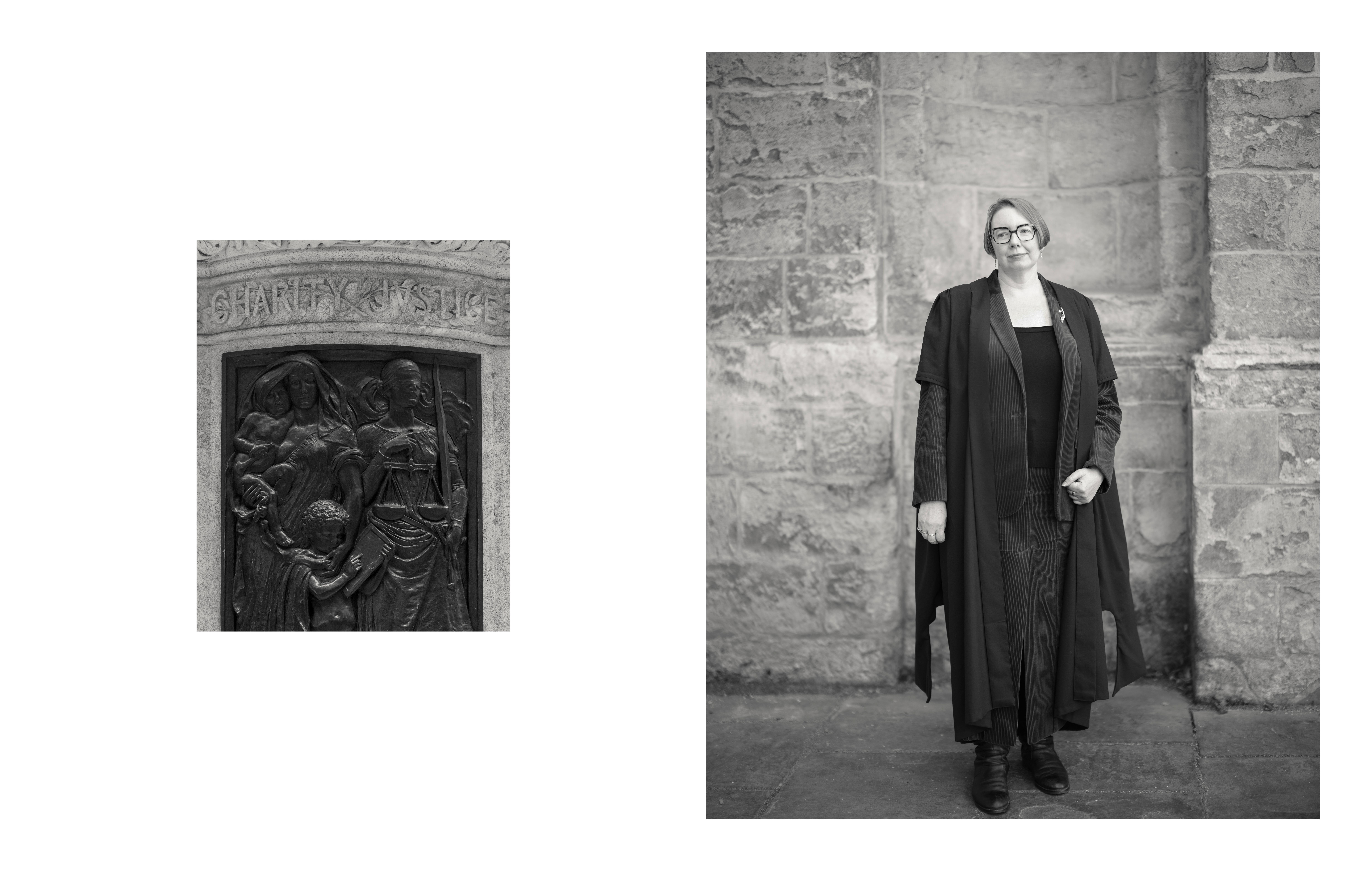 Professor Anne Davies, photographed alongside a depiction of charity and justice for the Bodleain Libraries.