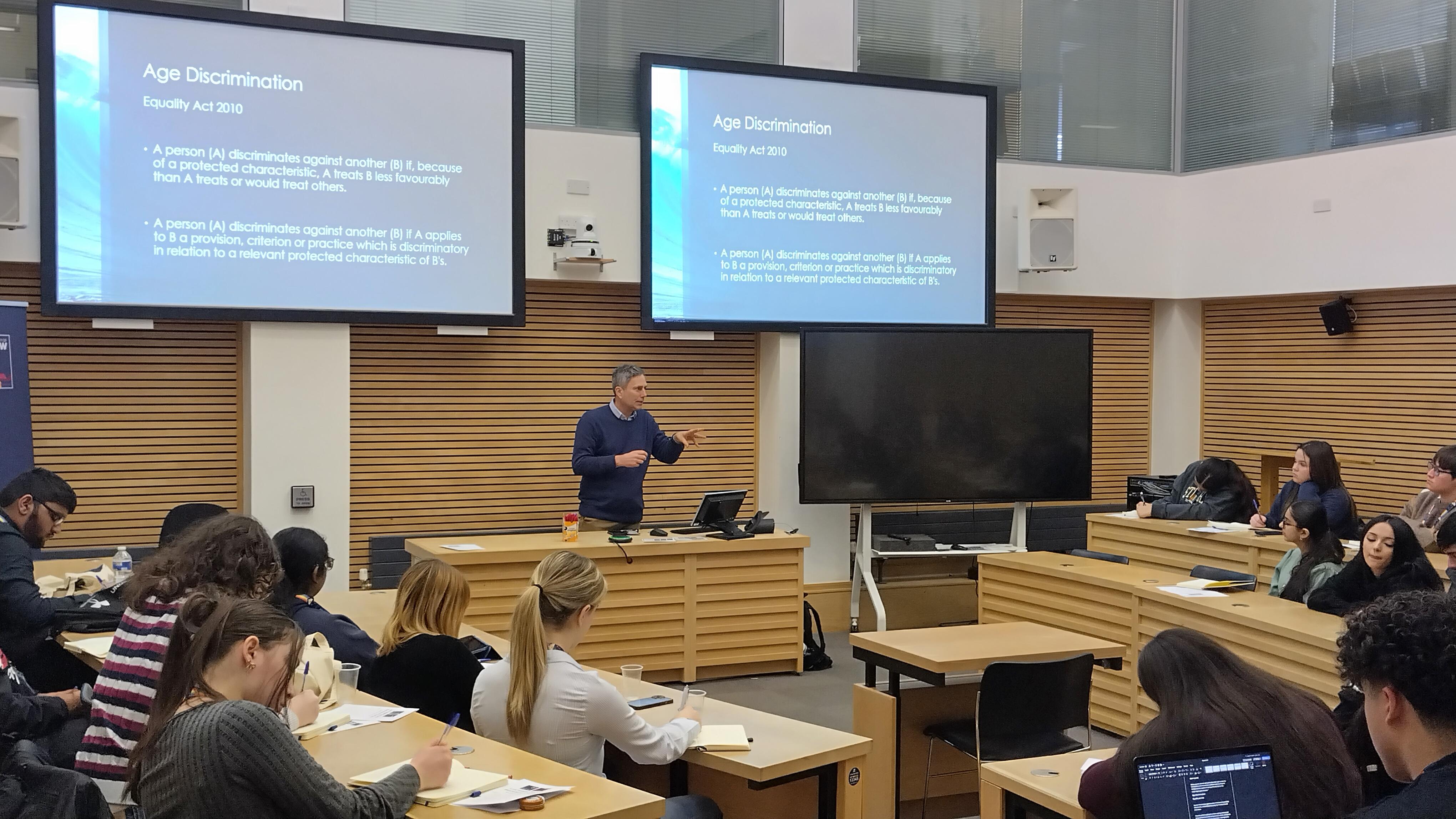 Professor Jonathan Herring giving a lecture in the Cube to a group of students as part of the Law Insight Day