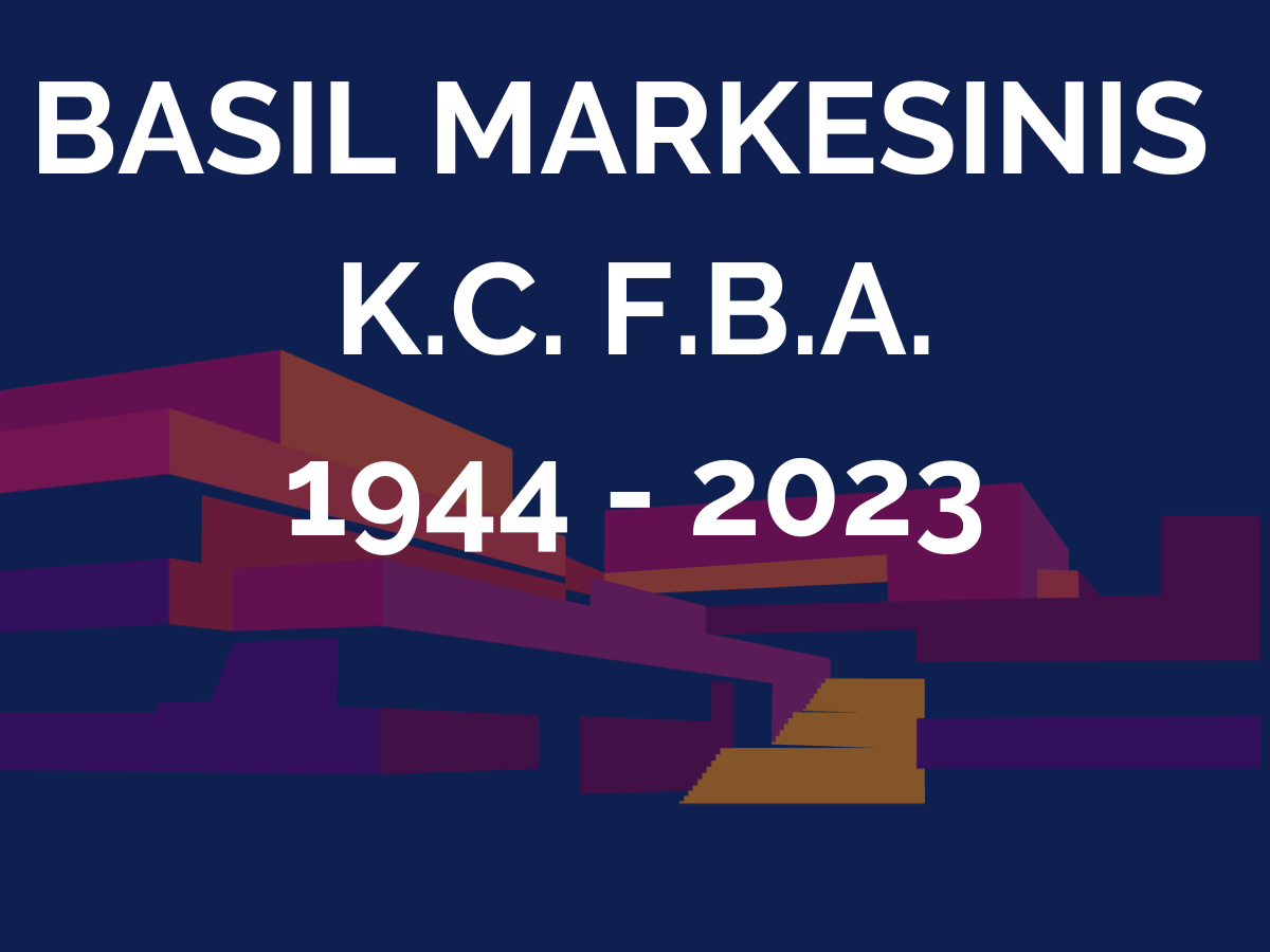 Text: Basil Markesinis KC FBA 1944-2023 on background of Law Faculty logo
