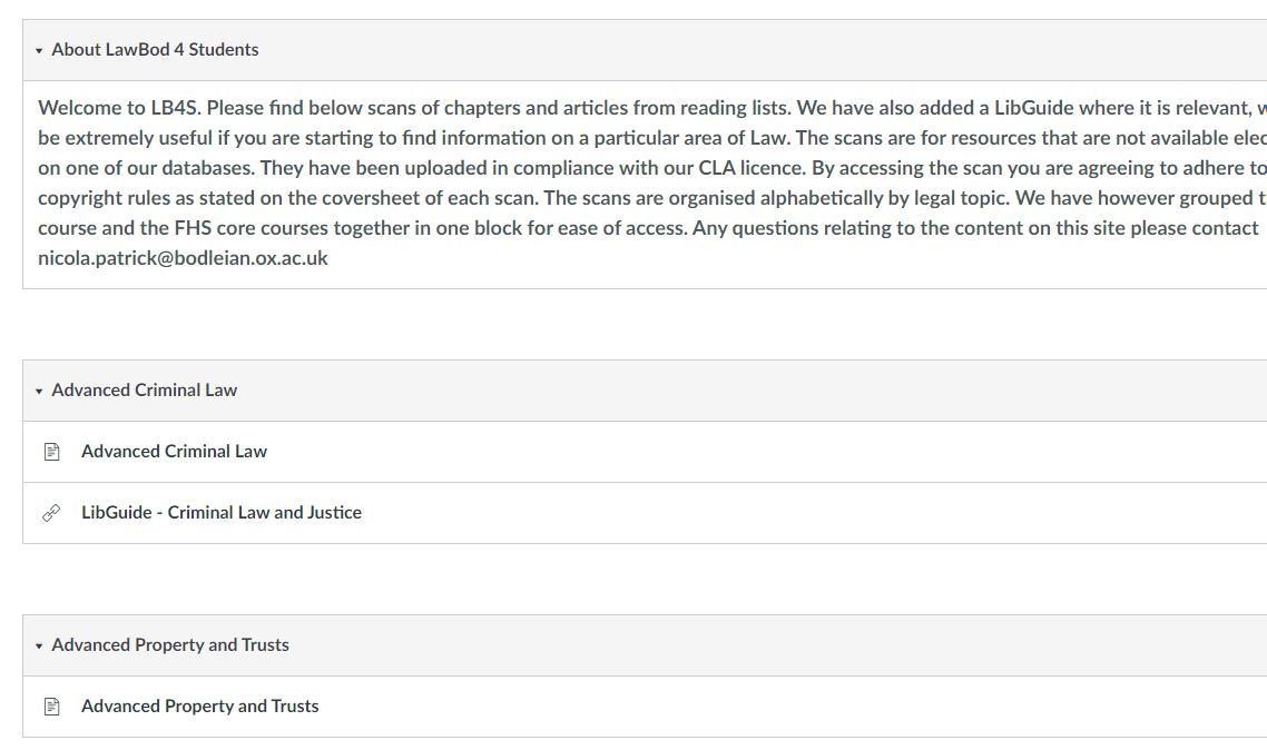 Screen shot of the Law Bod 4 Students Canvas home page