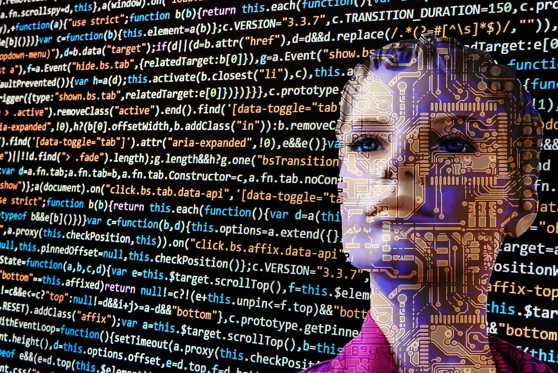 Robotic human face against a background of html code