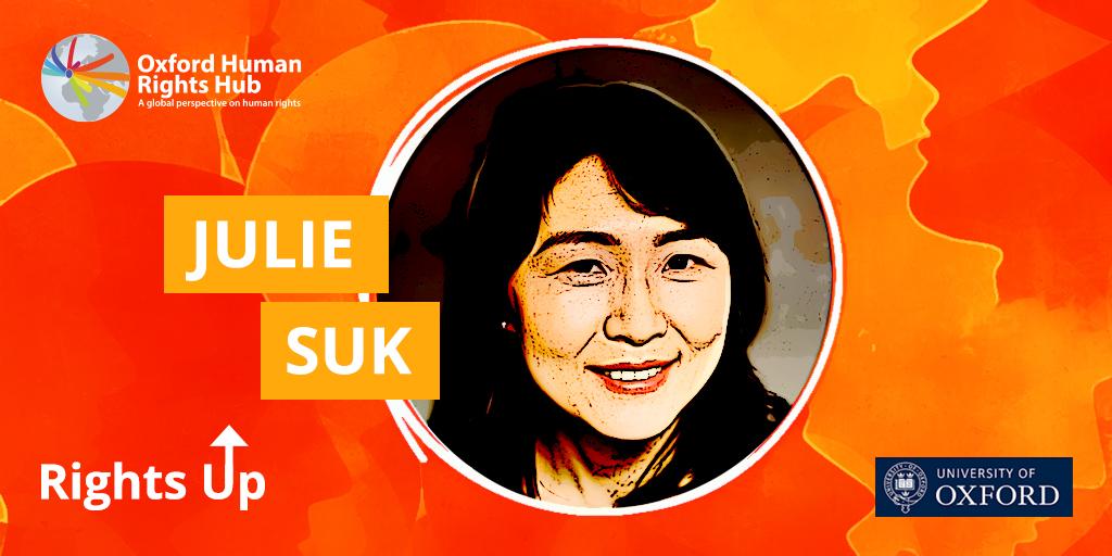 Image of Julie Suk on a red textured background. Logos of Oxford Human Rights Hub Podcast and the Law Faculty, Oxford are seen in the corners