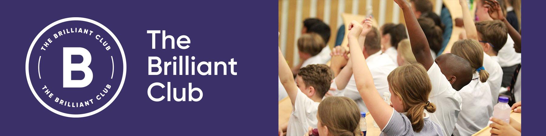Banner logo for The Brilliant Club with primary school children with raised hands