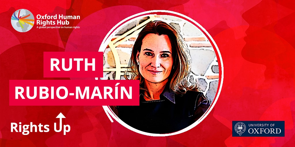 Image of Ruth Rubio-Marin on a crimson textured background. Logos of Oxford Human Rights Hub Podcast and the Law Faculty, Oxford are seen in the corners