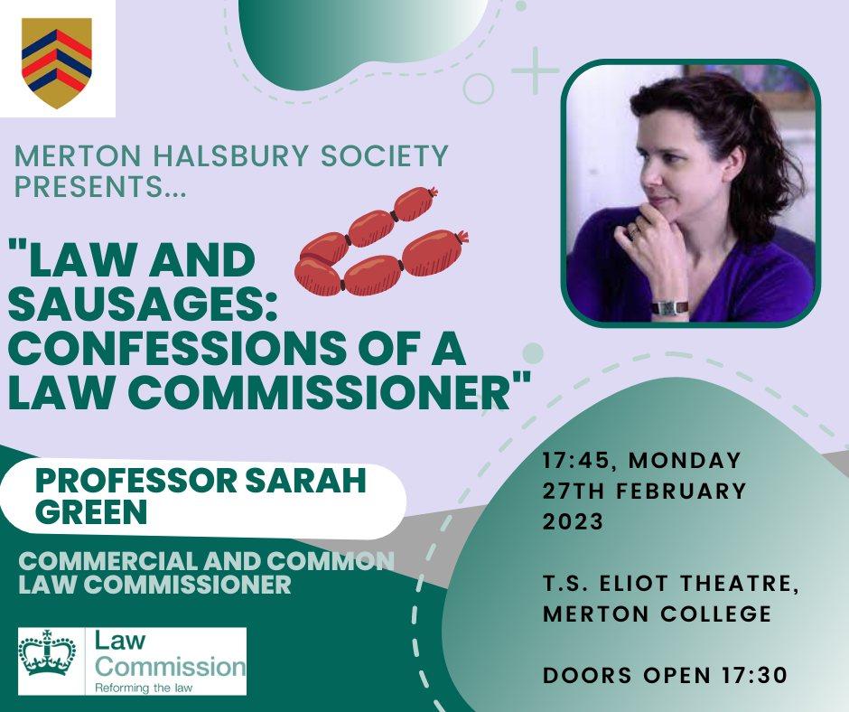 Merton Law society lecture poster, Sarah Green Law and Sausages