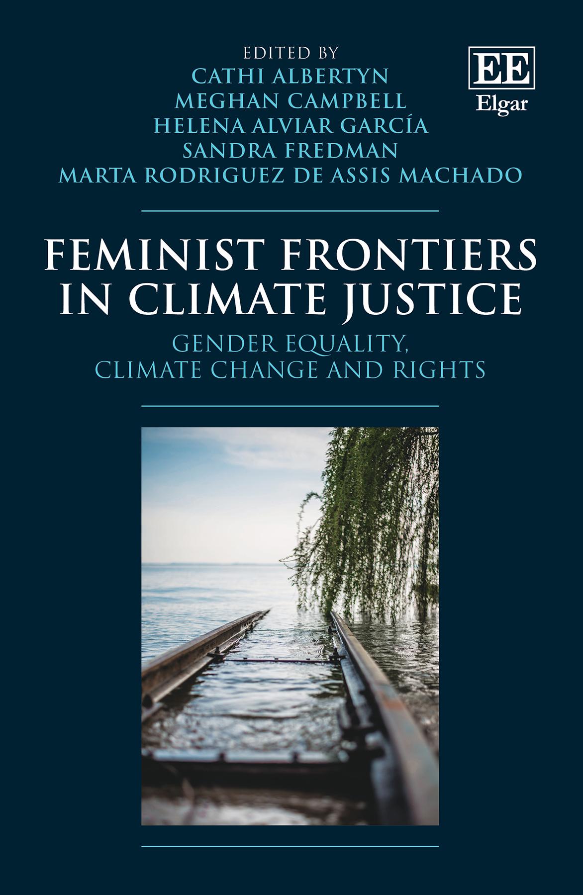 Cover of Feminist Frontiers in Climate Justice which features a picture of a flooded set of train tracks