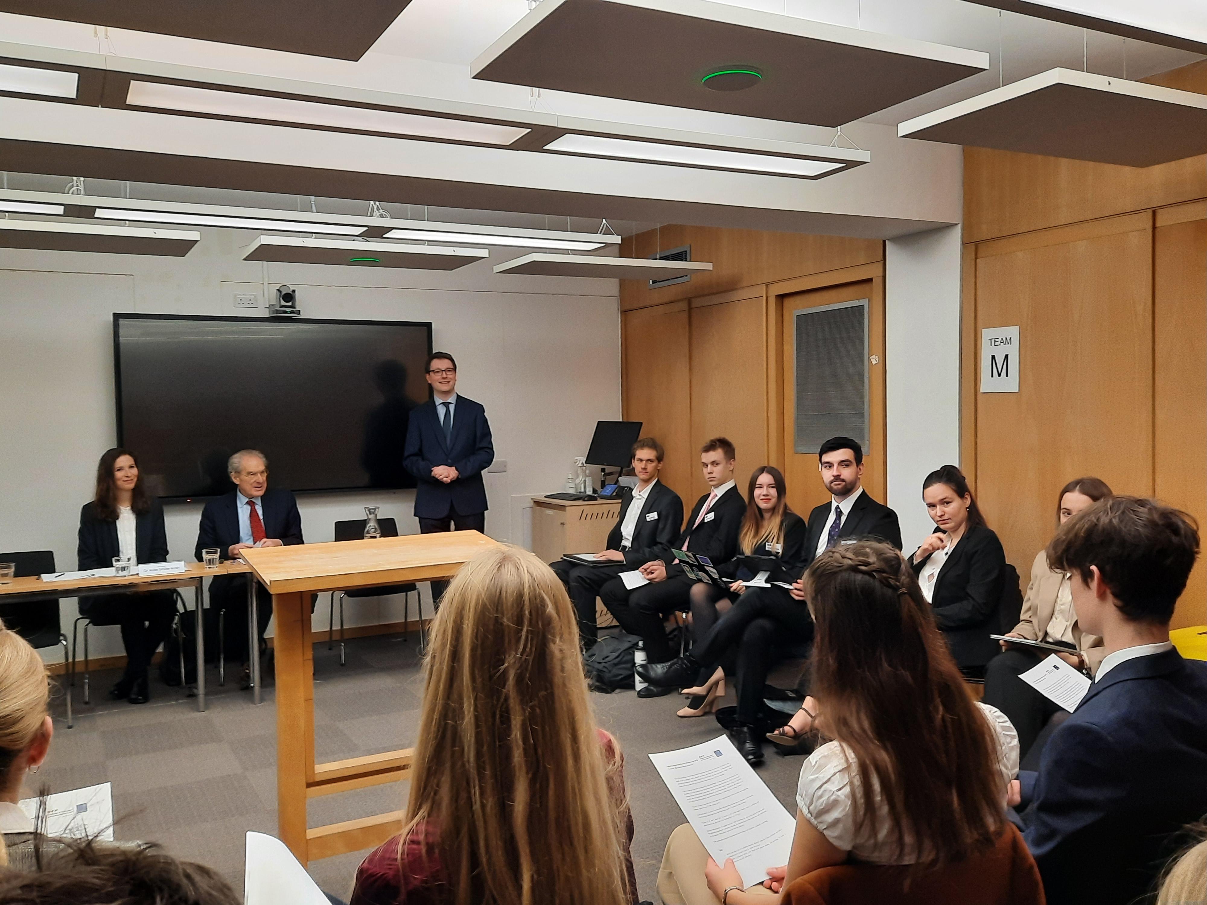Professor Ungerer welcomes students and judges to the Oxford Comparative Moot in German Law
