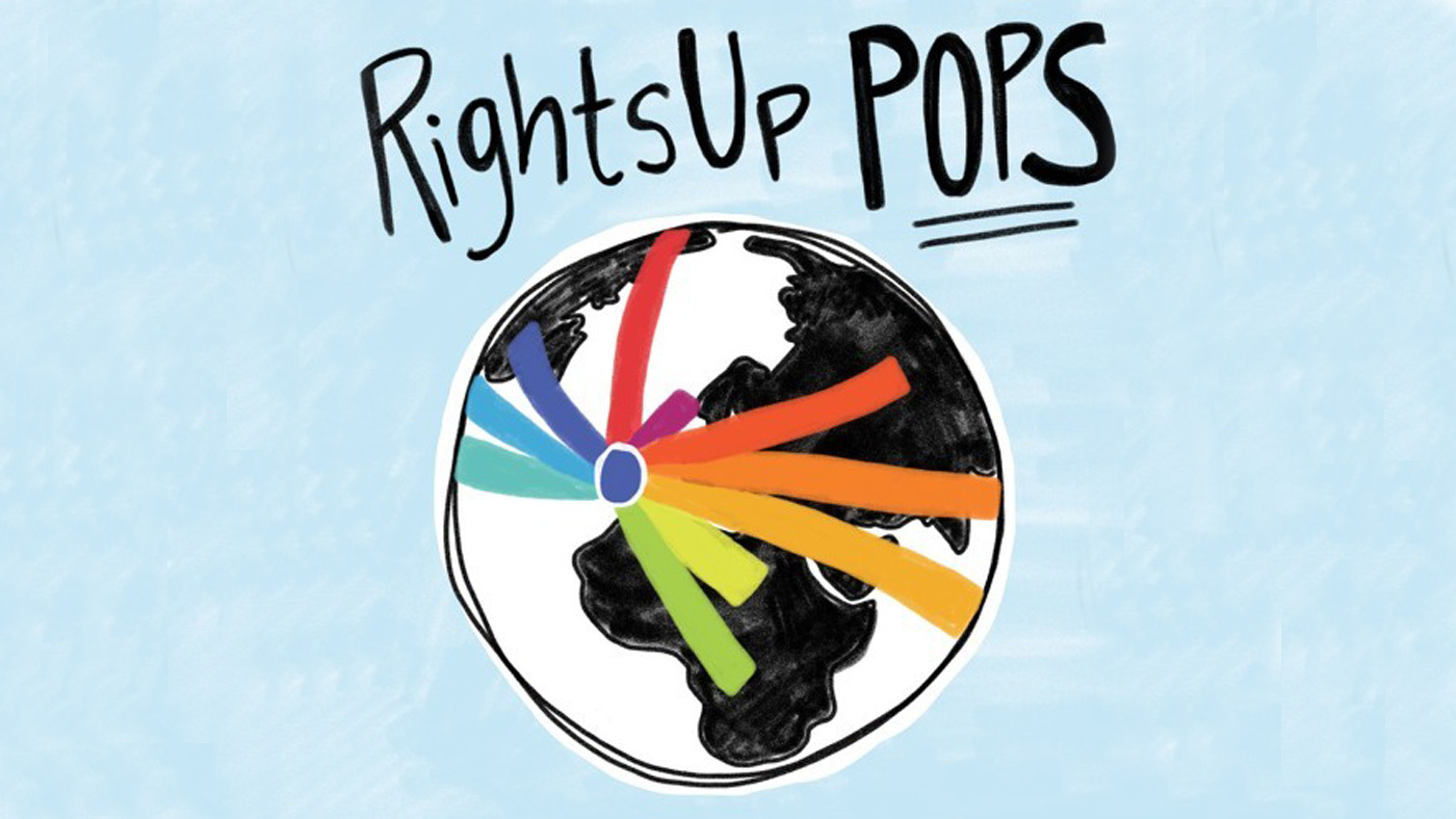 Image of Oxford Human Rights Hub logo against a blue background. The words RightsUp POPS are written on the top.