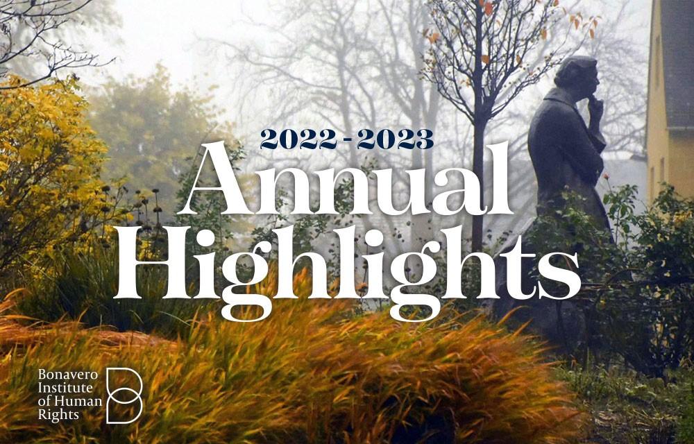 Text: 2022-2023 Annual Highlights. Background: Statue of Eleanor Roosevelt surrounded by grasses and shrubs.