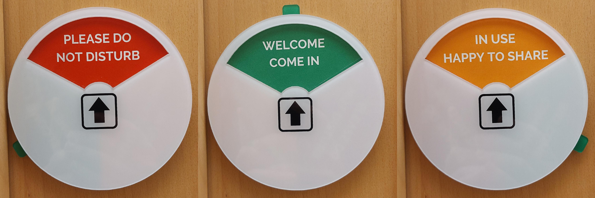 Door sign: 'Please do not disturb'; 'Welcome, come on in'; 'In use, happy to share'.