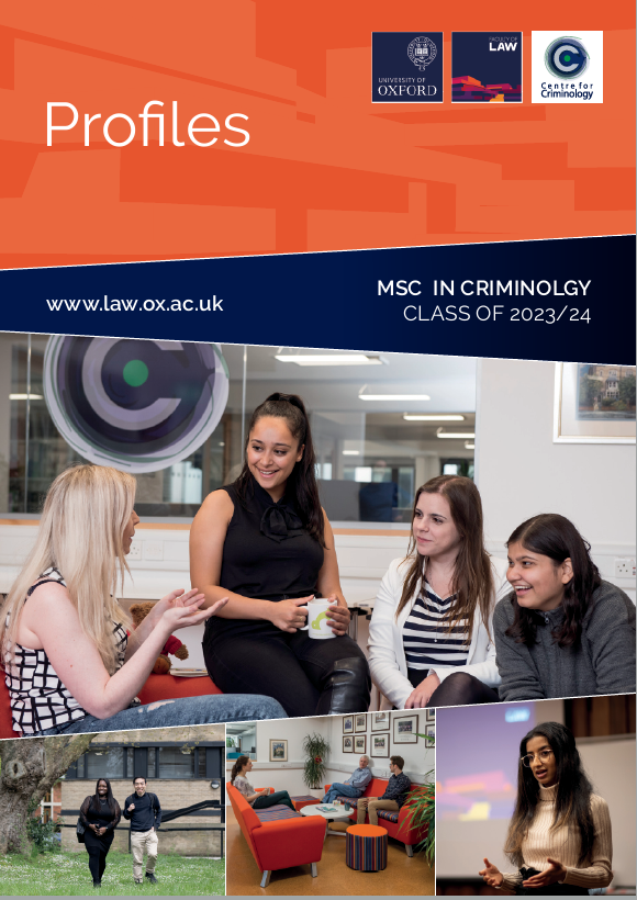 Magazine cover. Four pictures. One of a group of four students chatting. Another of a student speaking in front of a screen.  Another of two students walking across the grass in front of the St Cross Building and a fourth of students sitting on orange sofas talking.