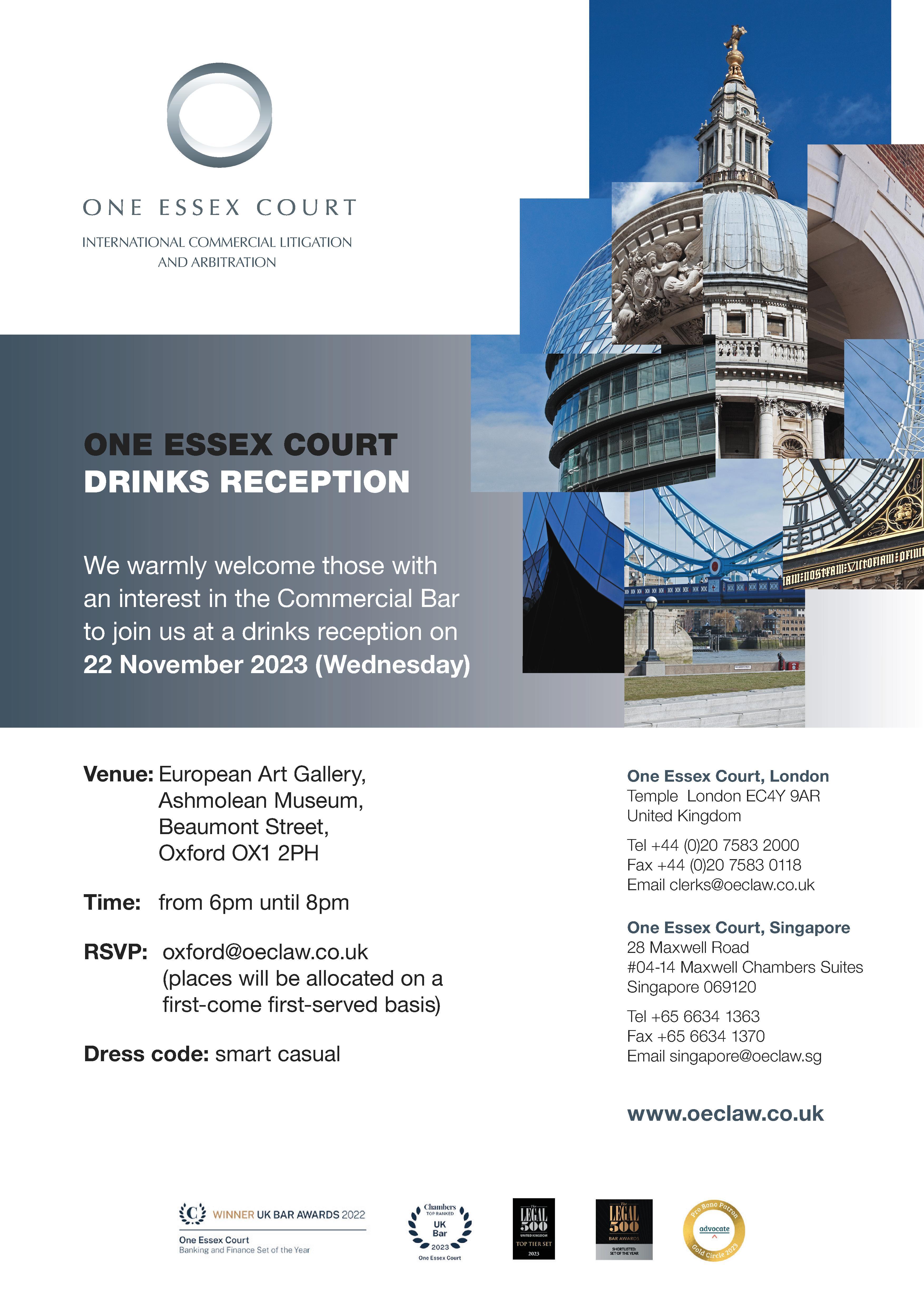 One Essex Court Drinks Reception Invitation on Wednesday 22nd November at the Ashmolean from 6-8pm for those interested in the Commercial Bar