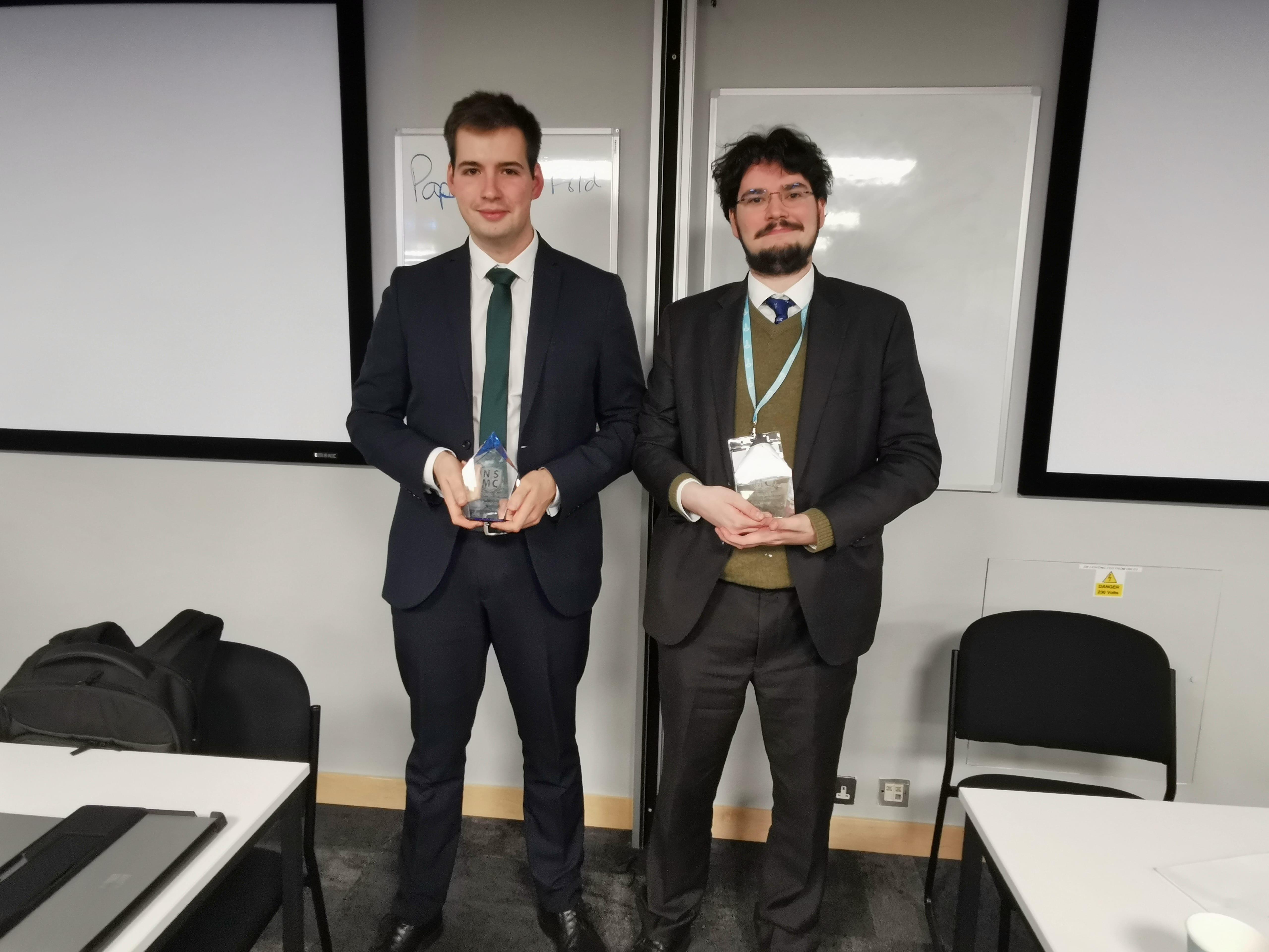Photograph of the two finalists, Nicholas Stone on right and Jonathan Saunders of Cambridge on the left. 