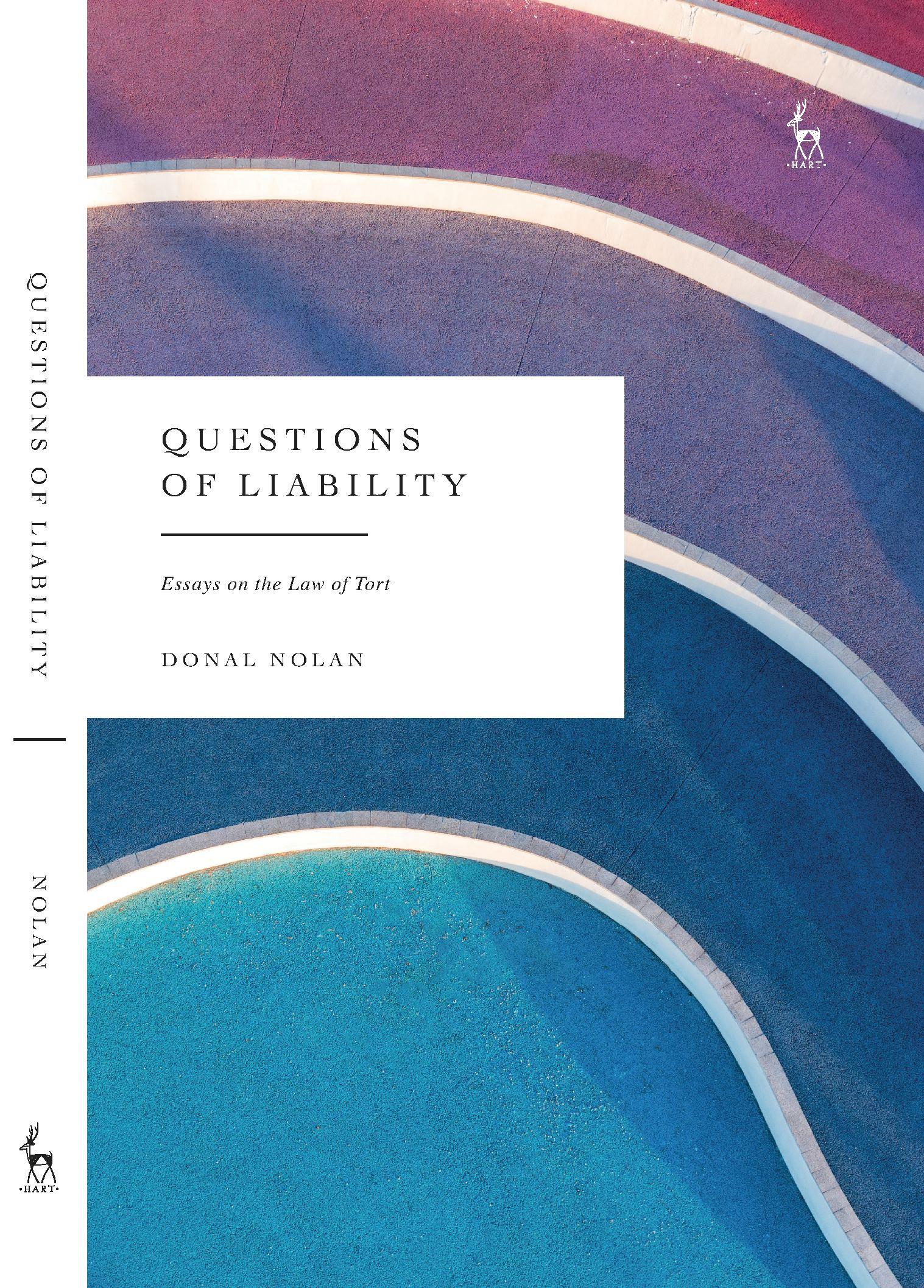 Questions of Liability book cover. Waves of blues, pinks and purples.