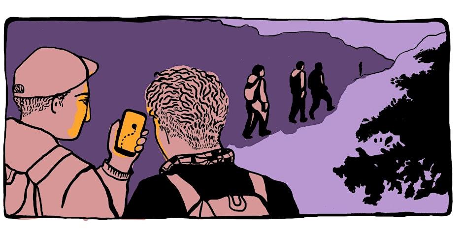 drawing of two people looking at a phone with others walking through the mountains in the distance 