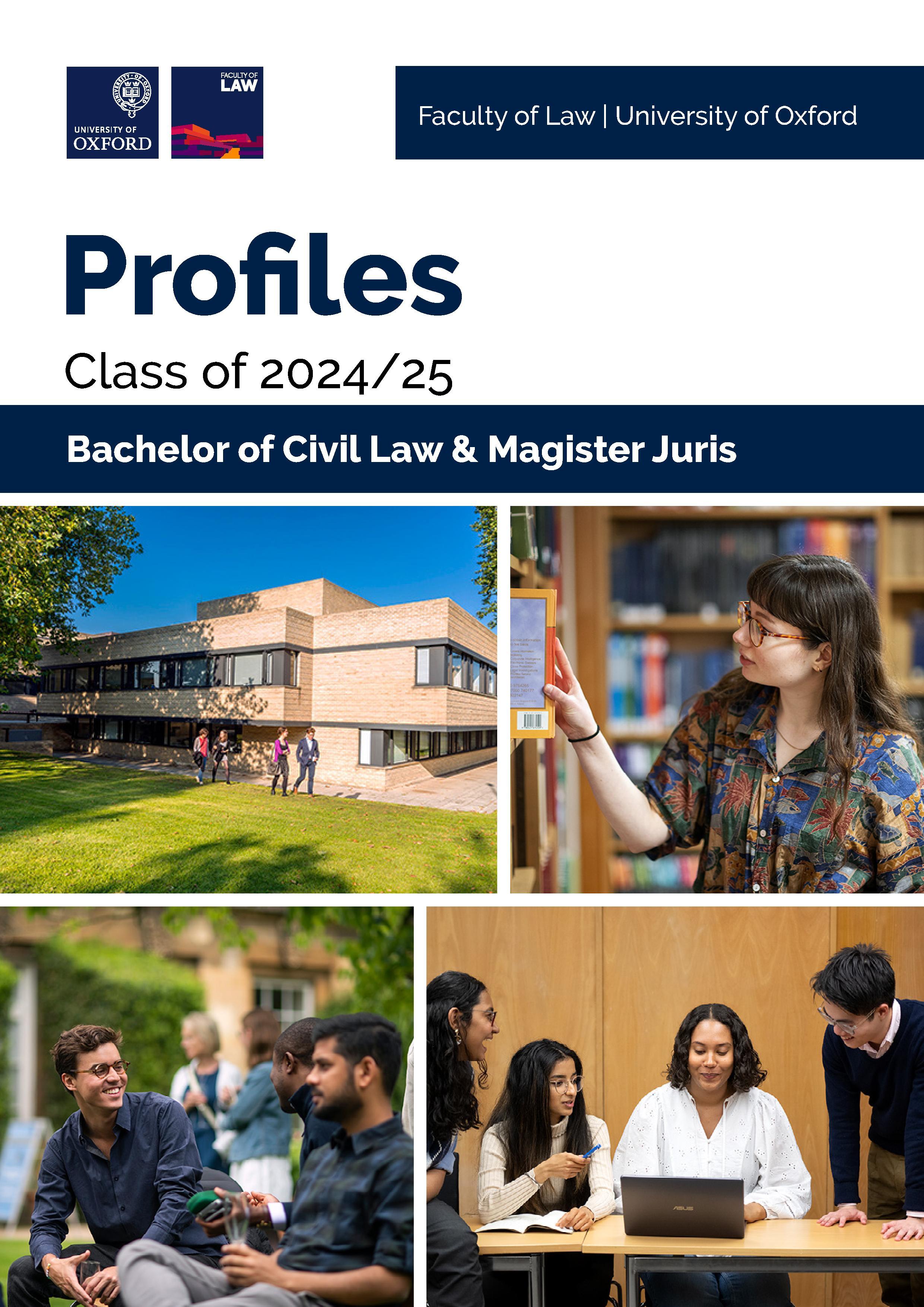 Profile book cover. 4 images. One of the St Cross Building, one of four students gathered around a laptop, one of a young female student picking a book from a library shelf, one of two male students sitting in a lecture