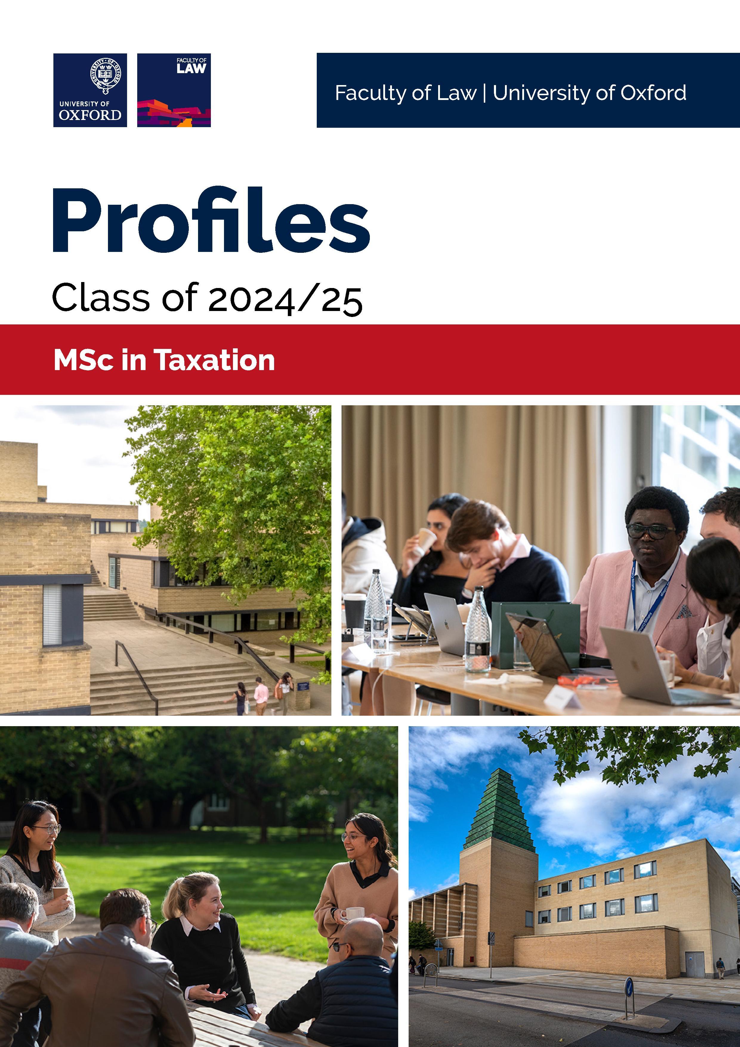 Profile book cover. 4 images. One of the St Cross building, one of a group of mixed students in a lecture, one of a group of students drinking tea outside and the final one is of a modern building.