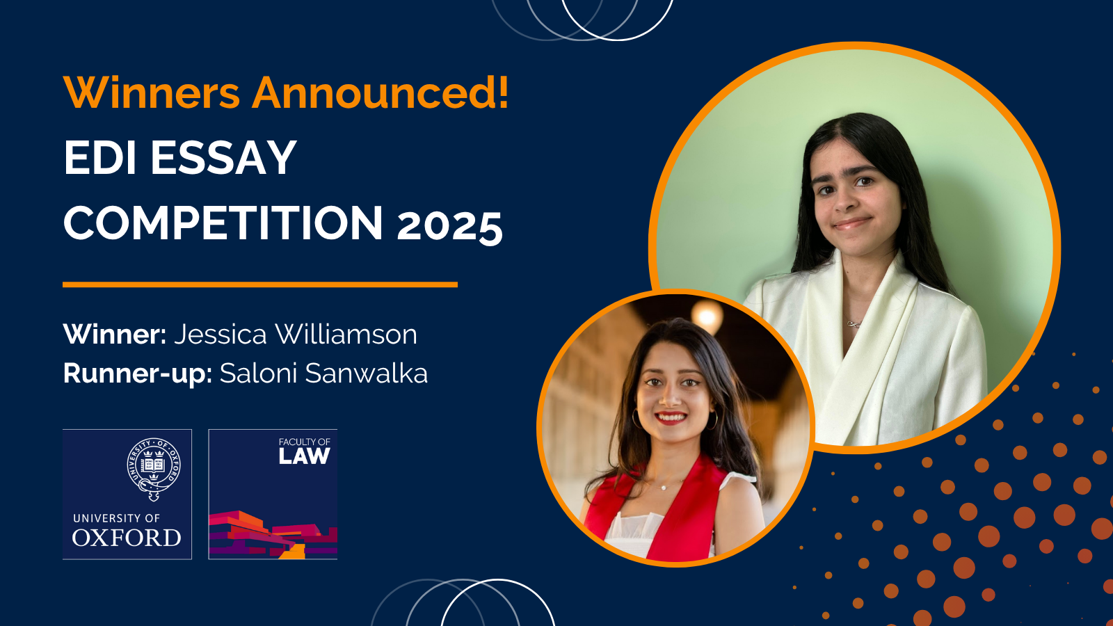 Winners Announced! EDI Essay Competition 2025. Winner: Jessica Williamson. Runner-up: Saloni Sanwalka.